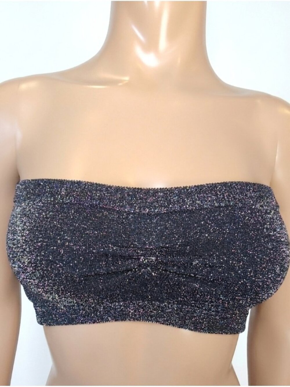 bebe Metallic Sparkle Bandeau Bra Top Black Silver Ruched Tube Top Medium Large